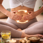 Ayurveda Verdauung Abdomenmassage mit leuchtenden Pfeilen und Gewürzen