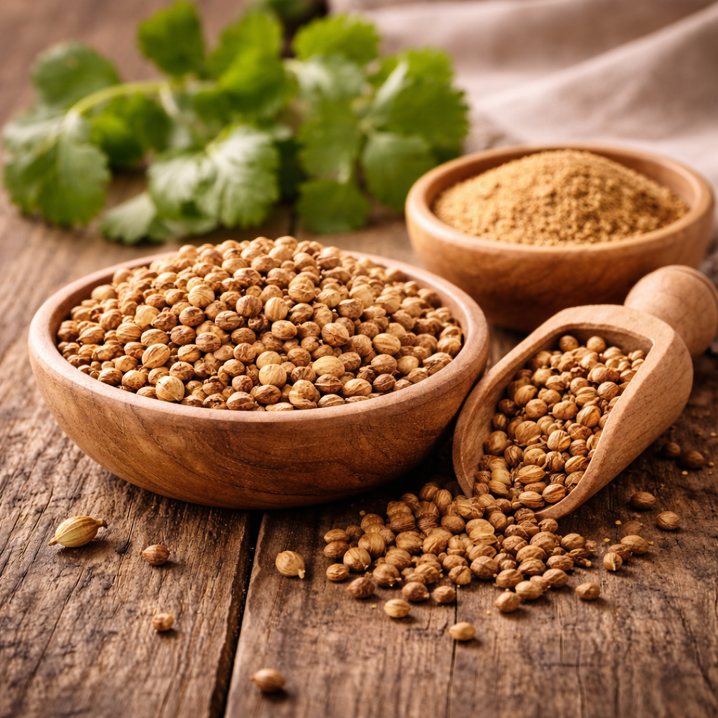 Koriandersamen auf rustikalem Holz