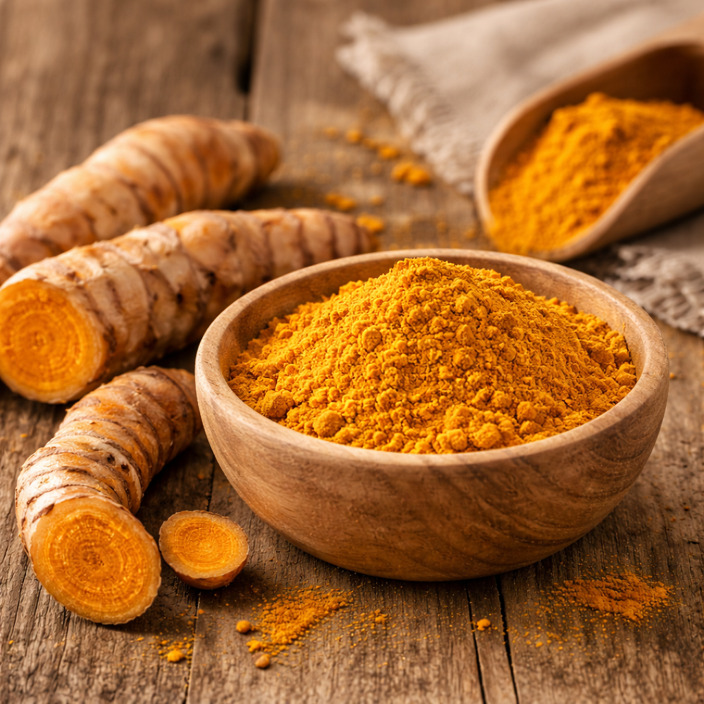 Lebendig goldene Kurkuma auf Holz