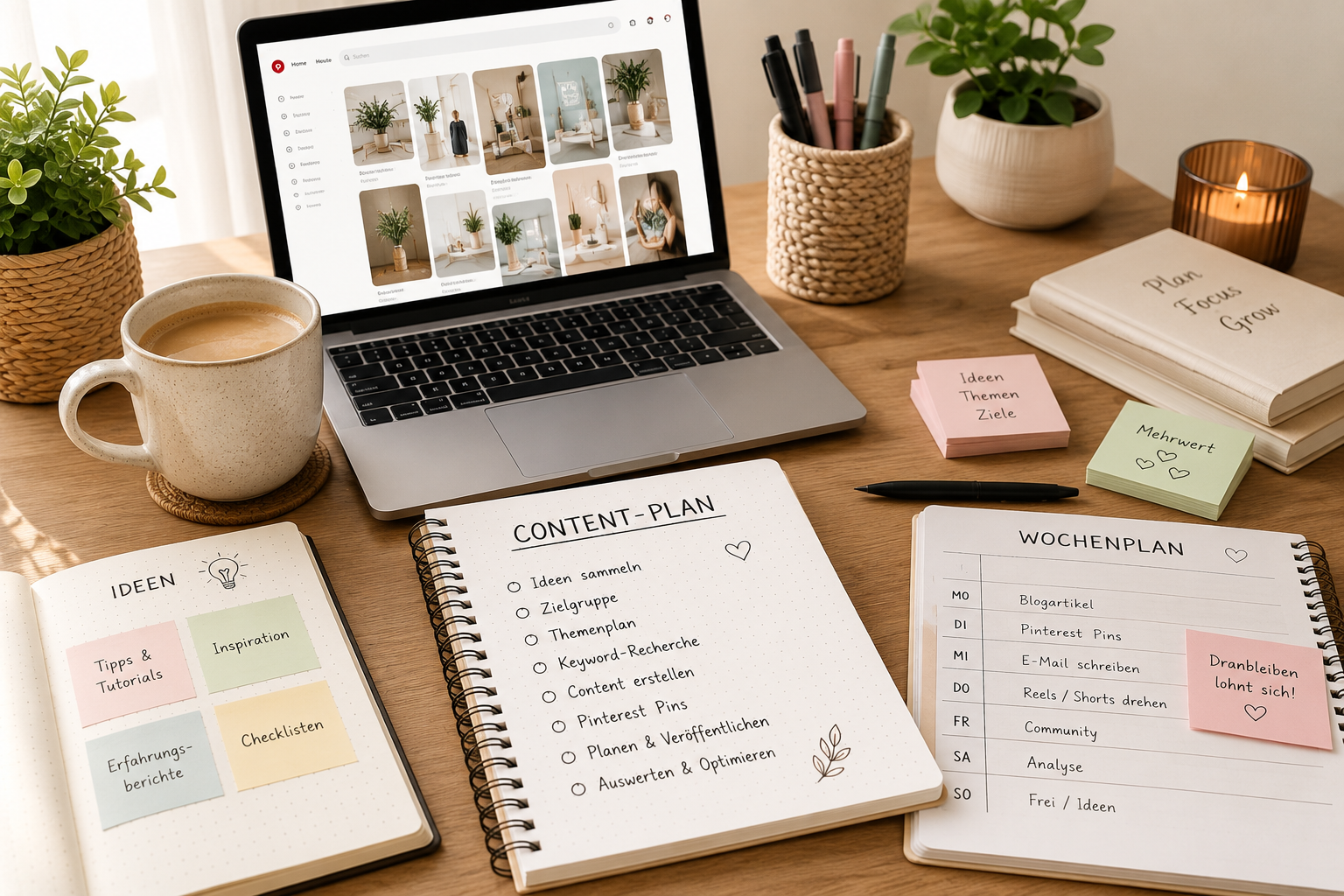 Pin dich Reich, Pinterest, Nebenverdienst, Geld verdienen, ruhiger Schreibtisch mit Blick auf den Bildschirm
