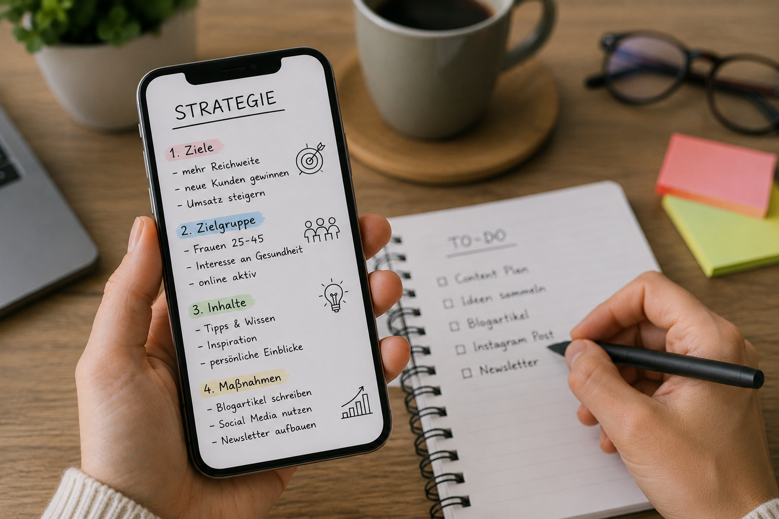 Pinterest-Strategie mit fünf Phasen in einem Notizbuch planen