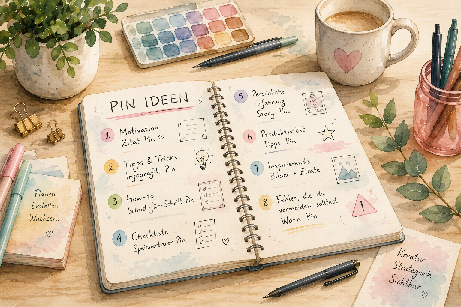Aufgeschlagenes Notizbuch mit handschriftlichen Ideen für Pinterest-Pins