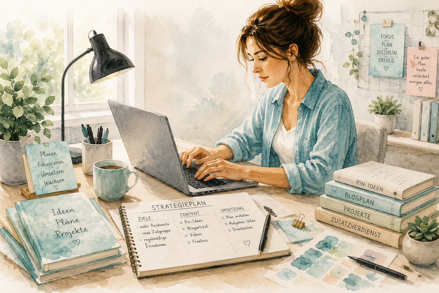 Frau plant konzentriert ihre ersten Pinterest-Pins am Laptop