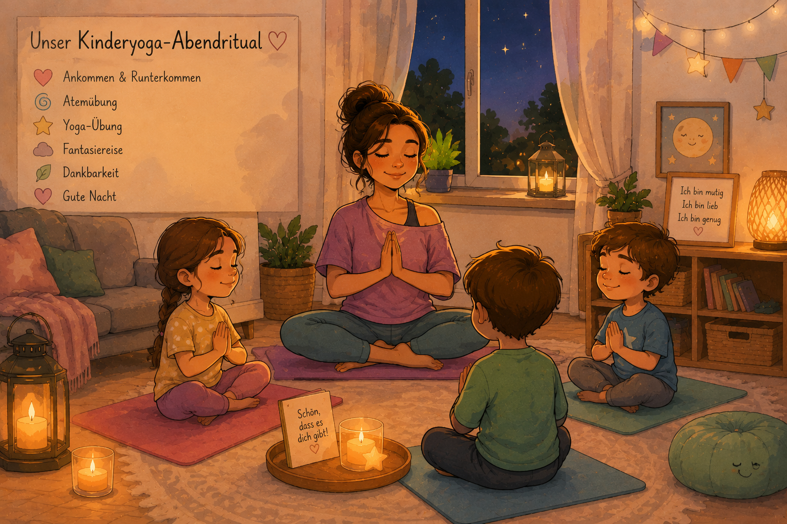 Mutter und Schulkind bei einem ruhigen Kinderyoga-Abendritual