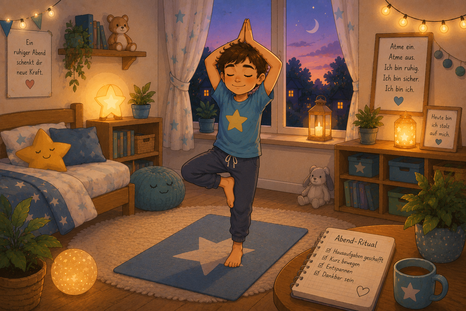 Kinderyoga Baumhaltung mit Schulkind am Abend zur Entspannung