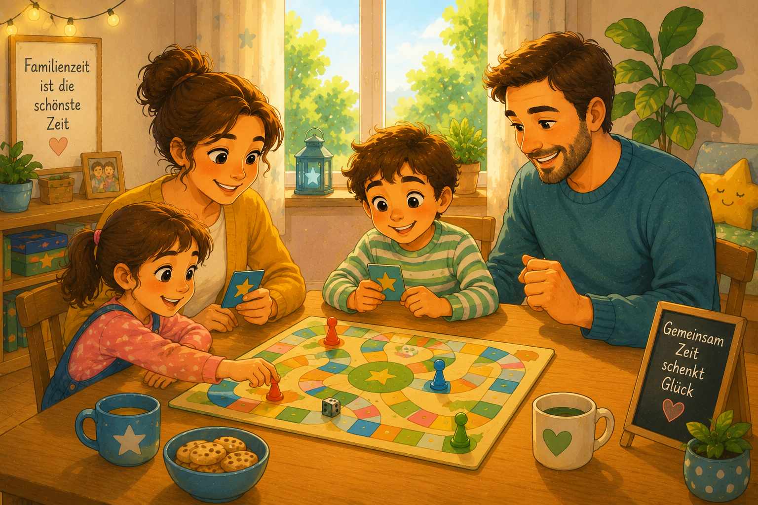Familie spielt gemeinsam ein Brettspiel am Tisch