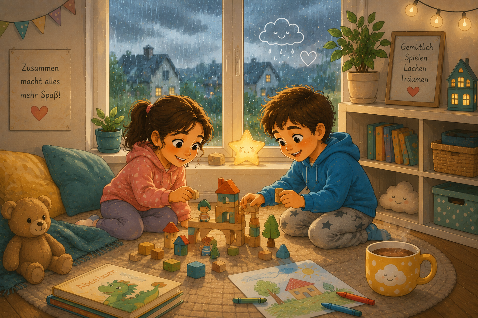 Kinder spielen gemeinsam am Fenster an einem hellen Regentag