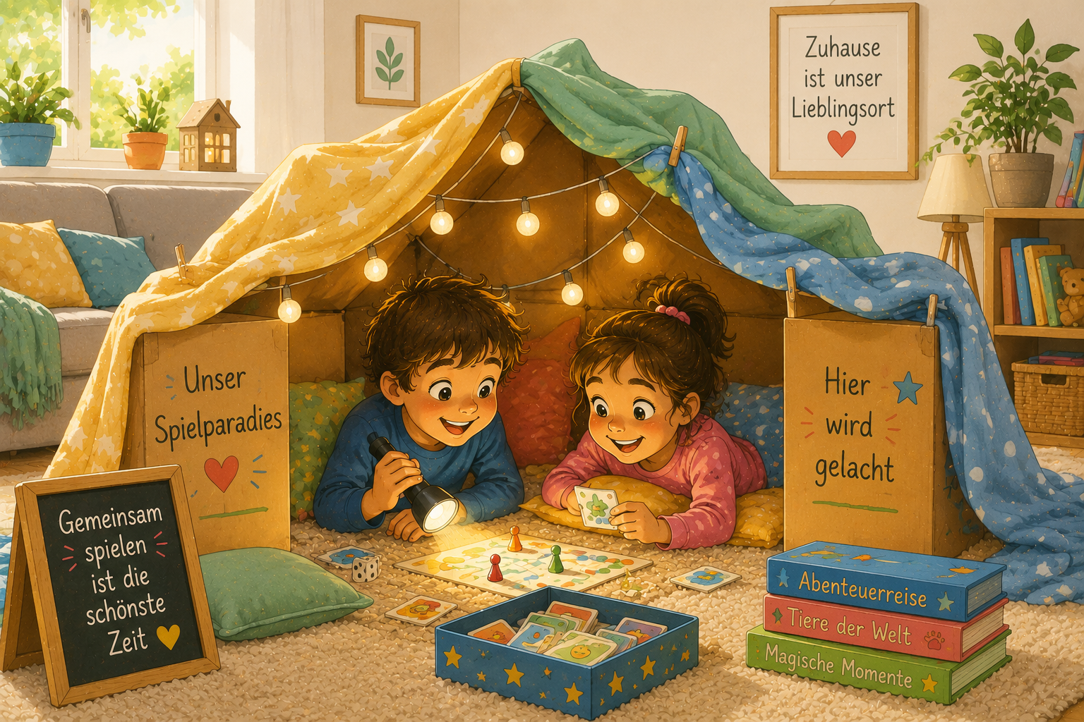 Wohnzimmer-Abenteuer gegen Langeweile mit Karton, Tüchern und Taschenlampe