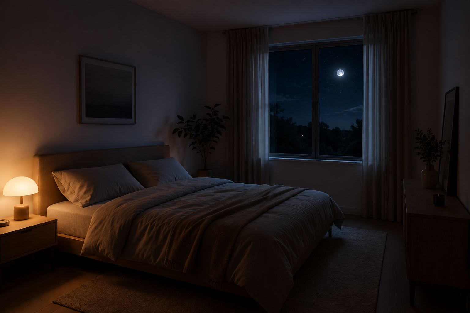 Stressabbau Tipps, ruhiges Schlafzimmer bei Nacht