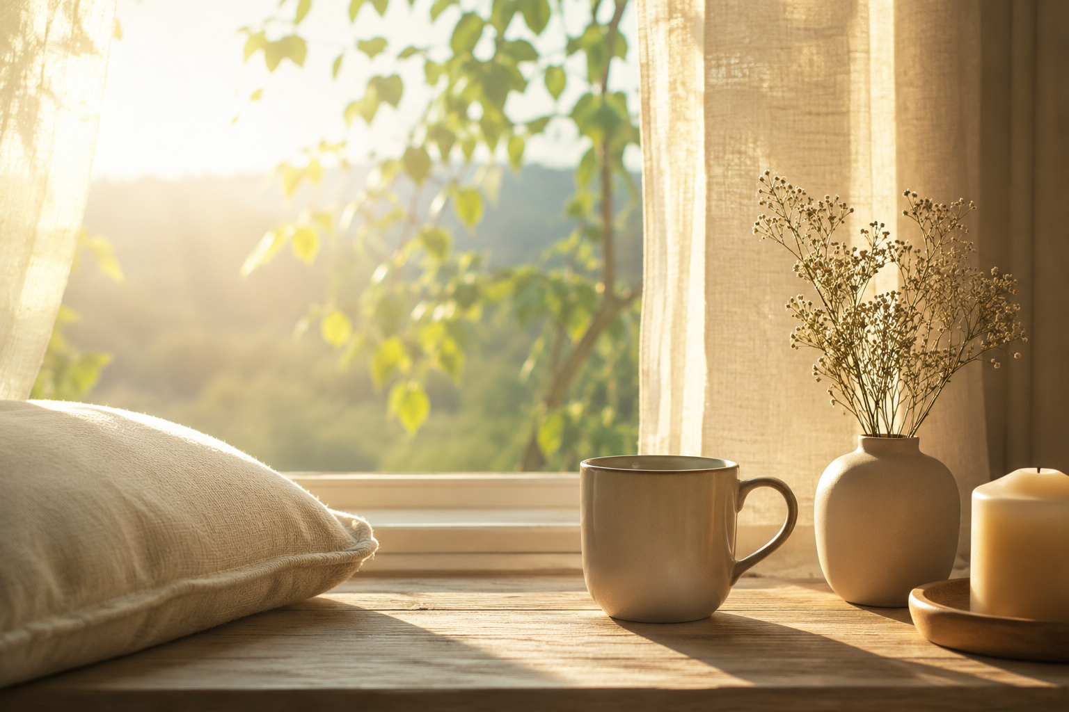 Tinnitus, Ohrgeräusche — ruhiges Morgenlicht am Fenster als Symbol für innere Ruhe