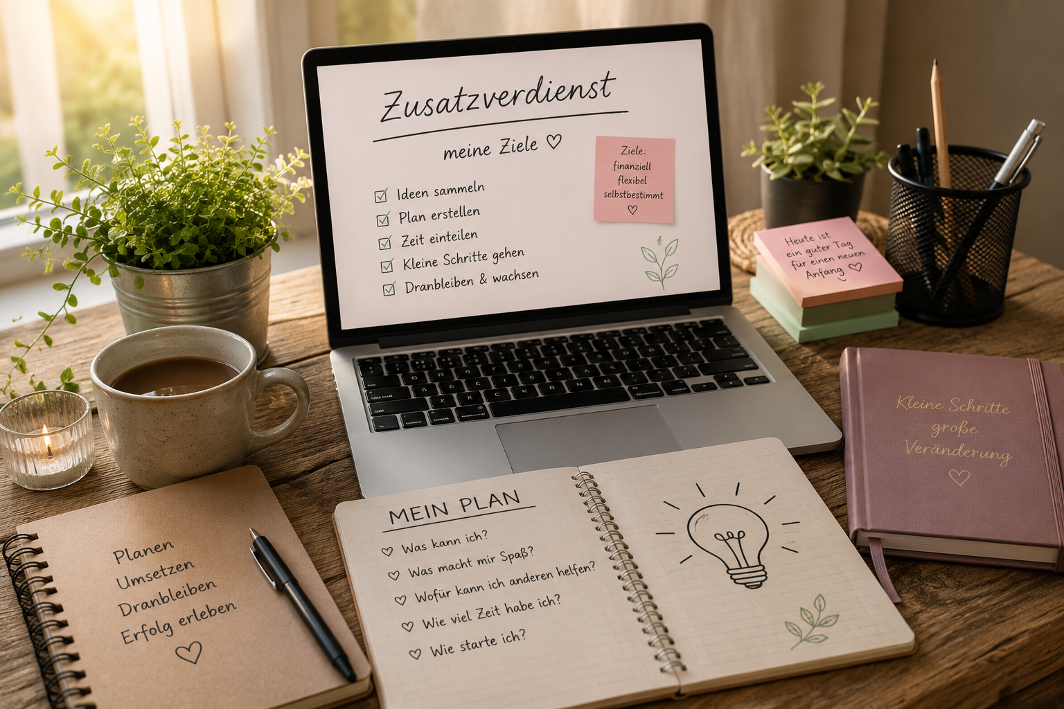 pinterest, zusatzverdienst am Laptop mit Notizbuch planen