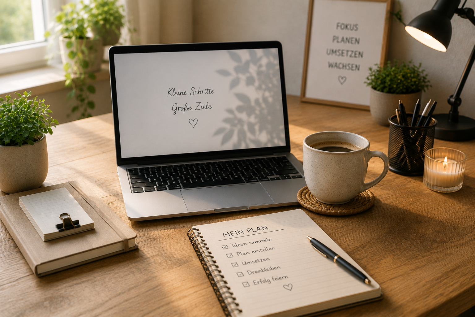 Pinterest Nebenverdienst ab 40 oder 50, Laptop am Schreibtisch mit Notizbuch