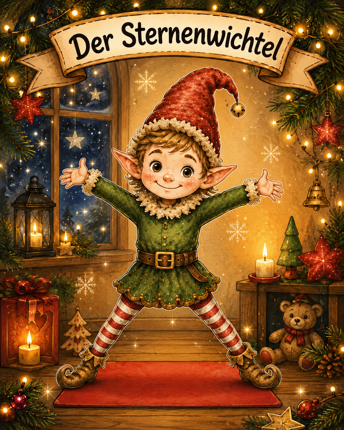 Wichtel in einer spielerischen Yoga-Haltung im weihnachtlichen Wichtelzimmer