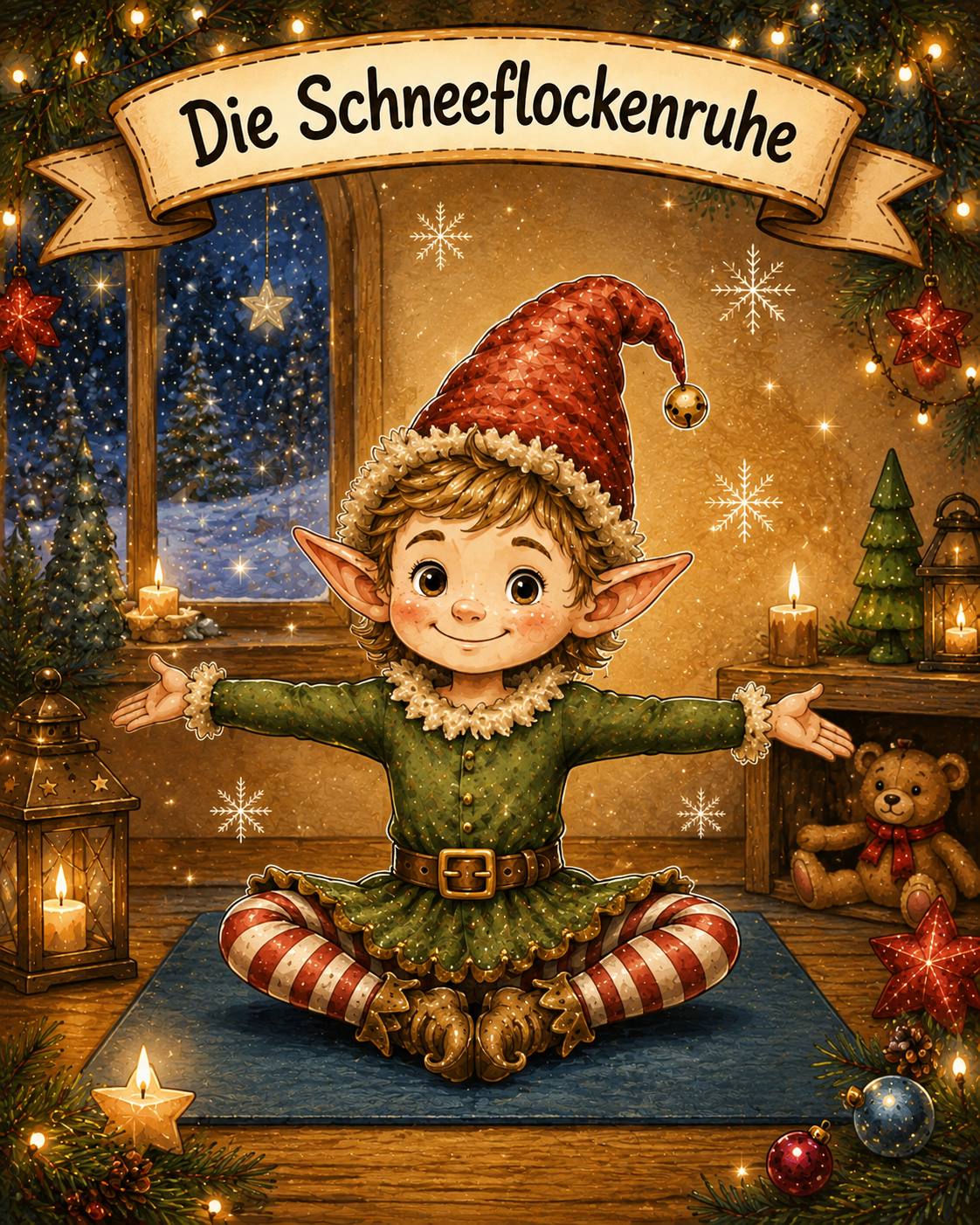 Wichtel bei einer ruhigen Schneeflocken-Yoga-Pause im Advent