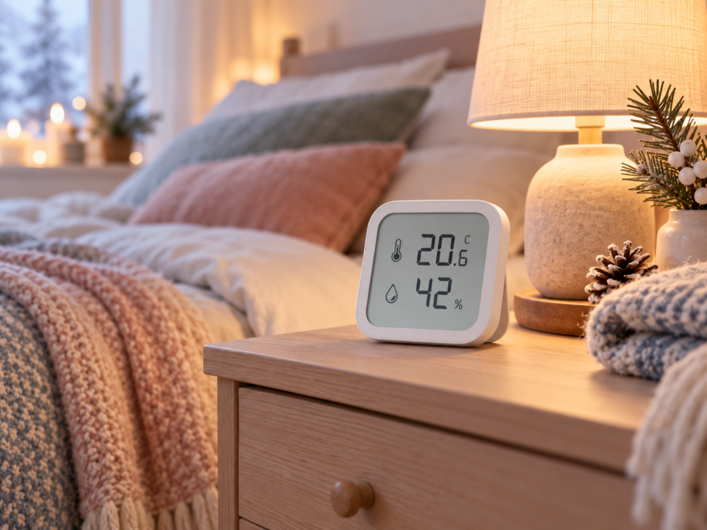 Digitales Thermometer und Hygrometer auf dem Nachttisch
