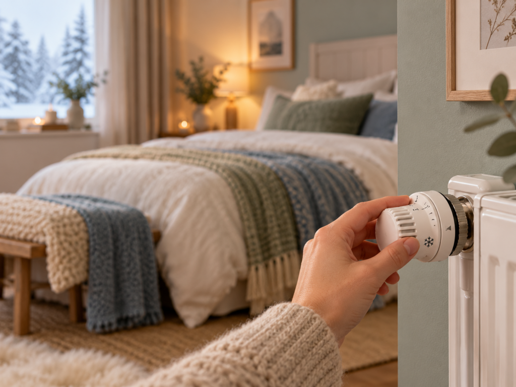 Hand stellt den Heizkörperthermostat im Schlafzimmer ein