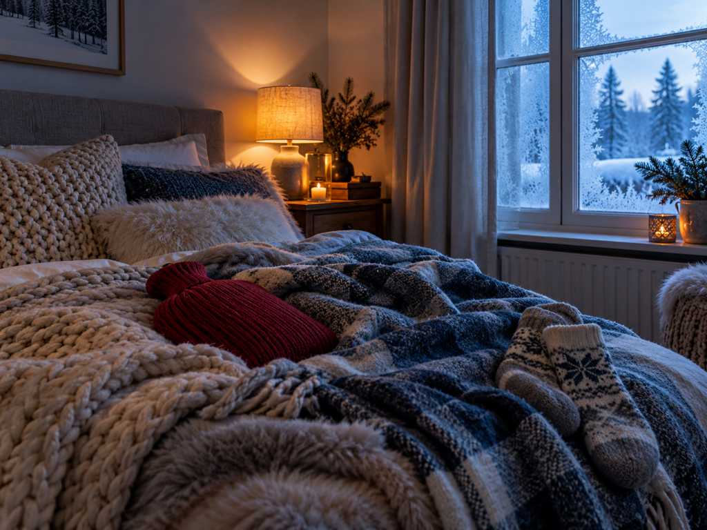 Winterbett mit Wärmflasche, dicken Socken und warmen Decken