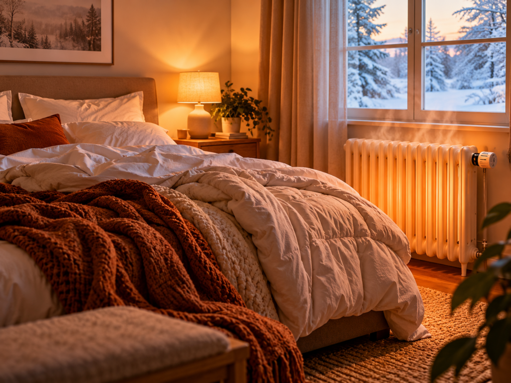 Sehr warm beheiztes Schlafzimmer im Winter mit heißem Heizkörper