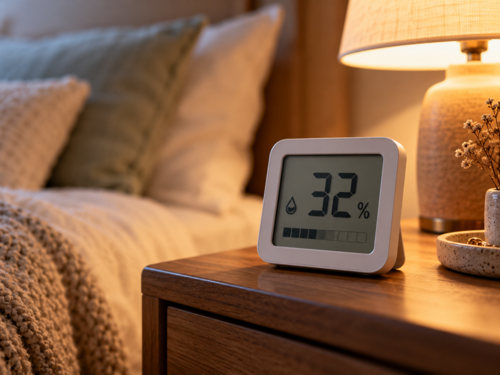 Hygrometer auf dem Nachttisch zeigt niedrige Luftfeuchtigkeit im Schlafzimmer