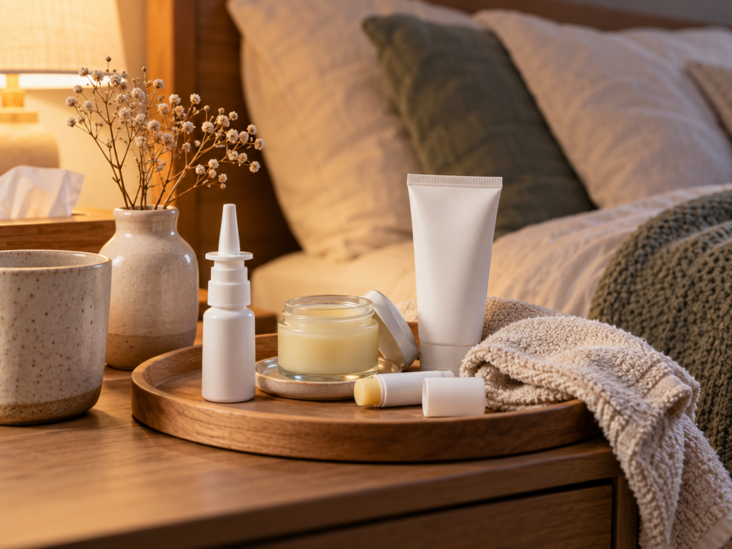 Meerwasser Nasenspray, Lippenpflege und Hautpflege auf dem Nachttisch