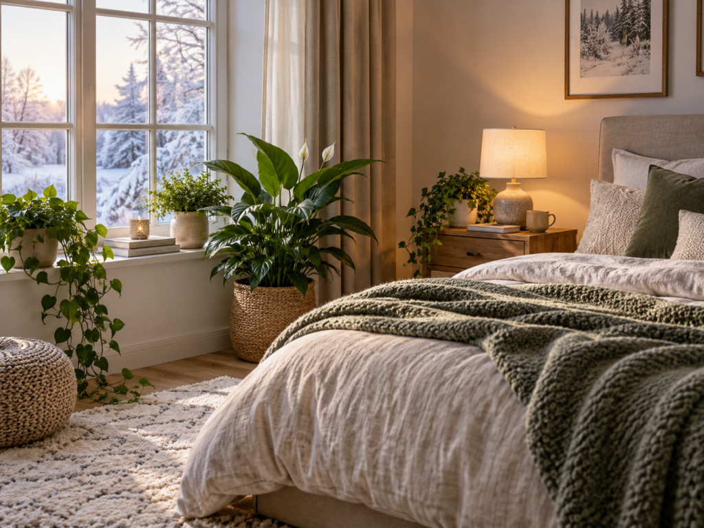 Grüne Zimmerpflanzen in einem hellen ruhigen Schlafzimmer