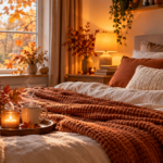 Gemütliches Herbstschlafzimmer im warmen Abendlicht